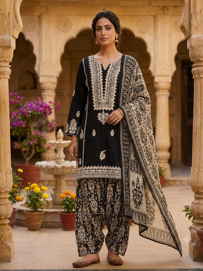 Women’s Black Printed Cotton Patiala Suit Set with Dupatta | Embroidered Kurta, Printed Patiala Salwar & Dupatta | Ethnic 3-Piece Festive Wear
