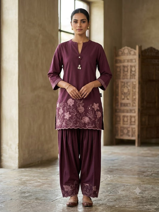 Women’s Wine Floral Embroidered Kurti with Patiala Pants | Premium Cotton Blend Ethnic Co-Ord Set | Casual & Festive Wear