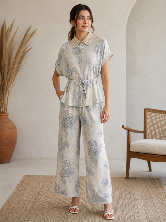 Women’s Grey Paisley Print Co-Ord Set | Collared Tie-Waist Top with Wide Leg Pants | Premium Casual Lounge Wear | Summer Cotton Blend Outfit