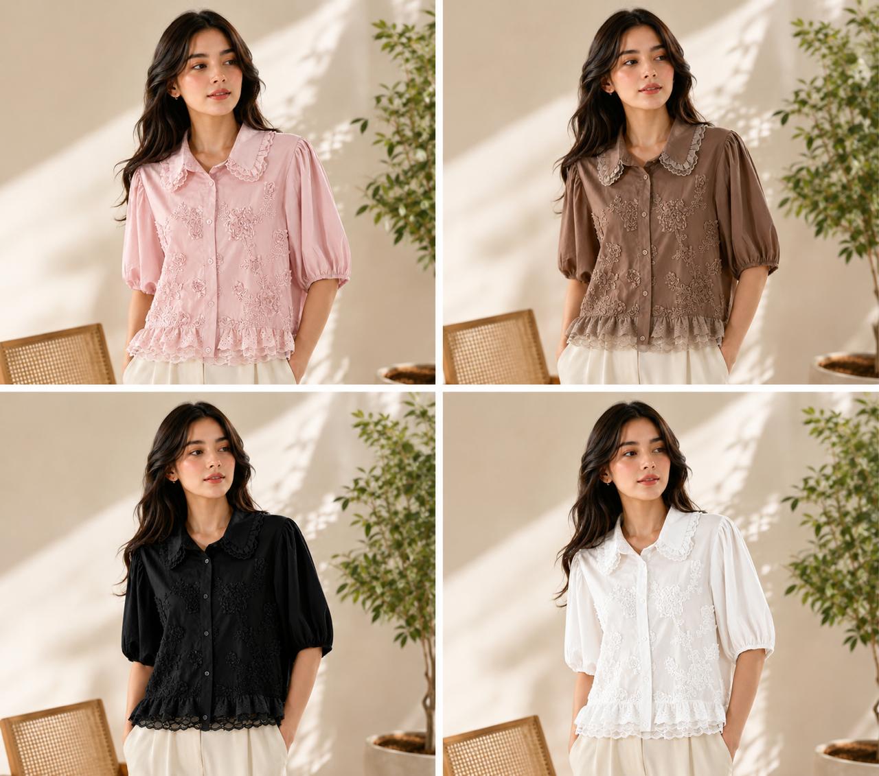Women’s Embroidered Lace Collar Shirt | Puff Sleeve Button-Down Cotton Top | Elegant Casual Office & Party Wear Blouse