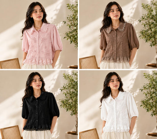 Women’s Embroidered Lace Collar Shirt | Puff Sleeve Button-Down Cotton Top | Elegant Casual Office & Party Wear Blouse