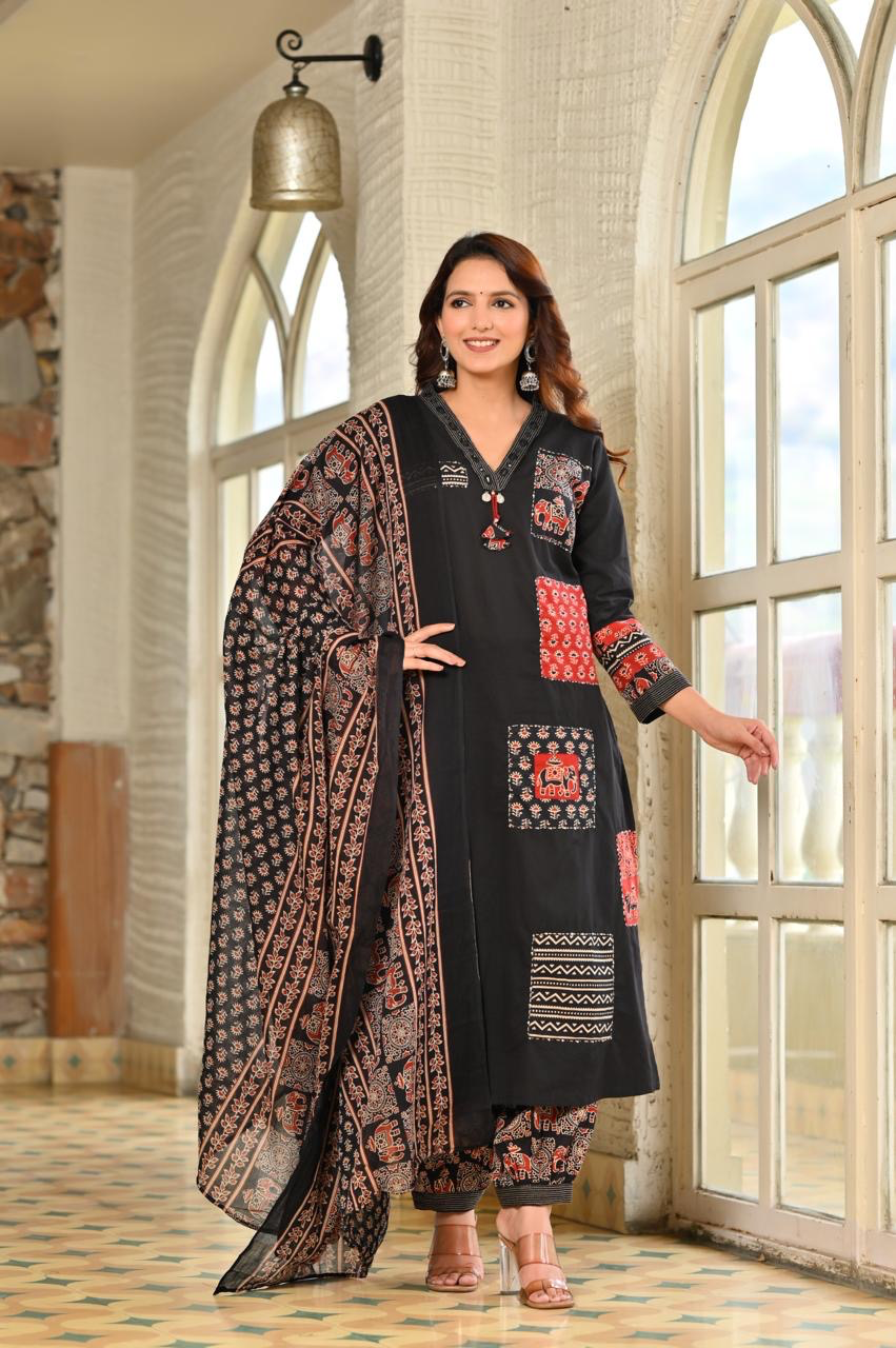 Women’s Black Printed Cotton Kurta Salwar Dupatta Set | Traditional Ethnic 3-Piece Suit | Ajrakh Inspired Festive & Casual Wear