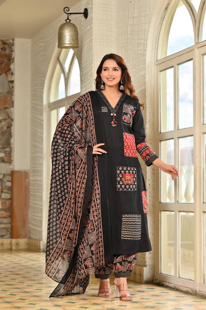 Women’s Black Printed Cotton Kurta Salwar Dupatta Set | Traditional Ethnic 3-Piece Suit | Ajrakh Inspired Festive & Casual Wear
