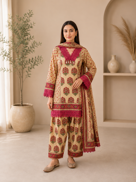 Women’s Cotton Printed Kurta Salwar Dupatta Set | Traditional 3-Piece