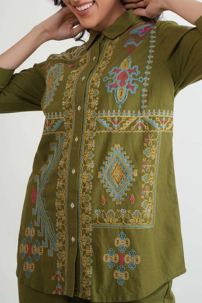 Olive Green Embroidered Shirt & Pant Co-ord Set
