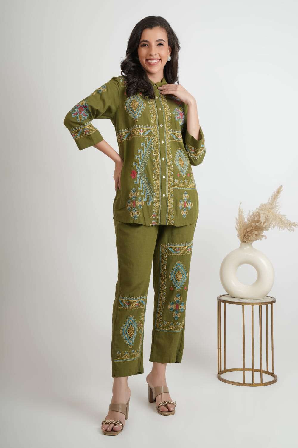 Olive Green Embroidered Shirt & Pant Co-ord Set
