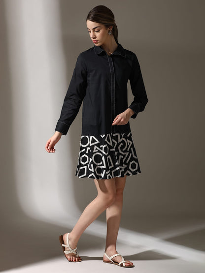 Shirt Dress Two-Toned with Printed Skirt for women