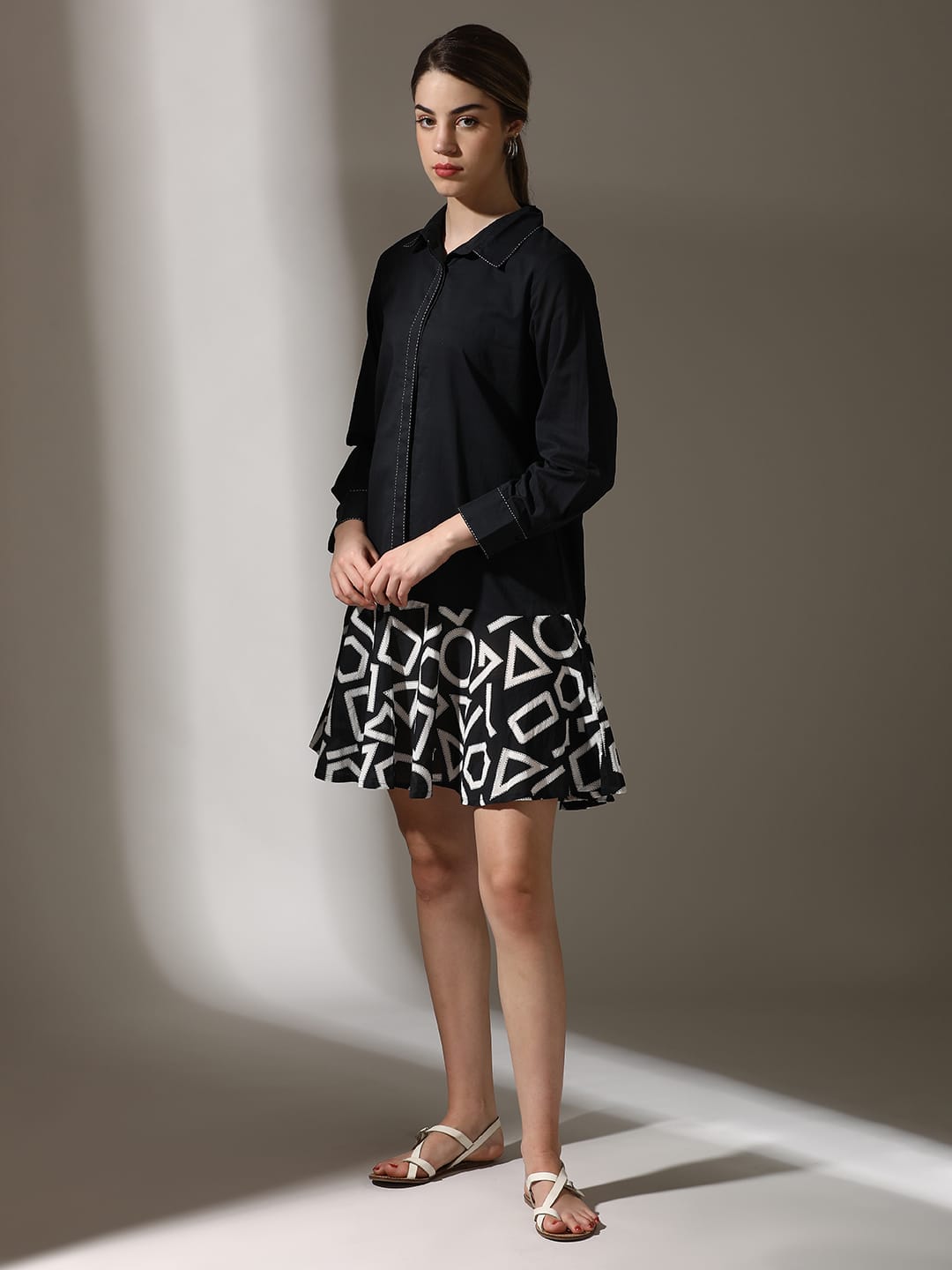 Shirt Dress Two-Toned with Printed Skirt for women