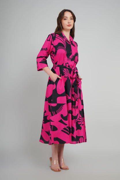 Shirt Dress Pink And black Abstract Printed For Women
