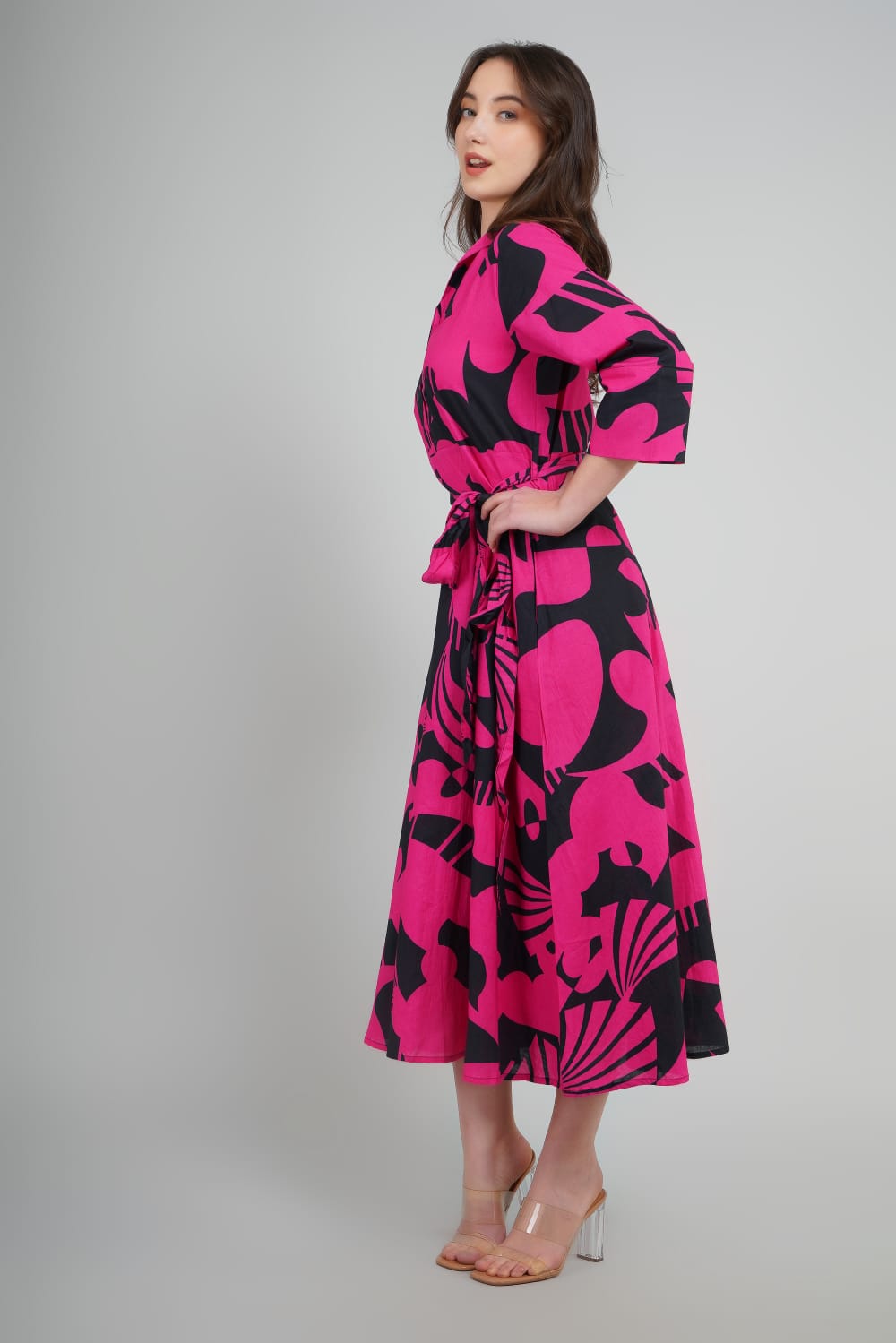 Shirt Dress Pink And black Abstract Printed For Women