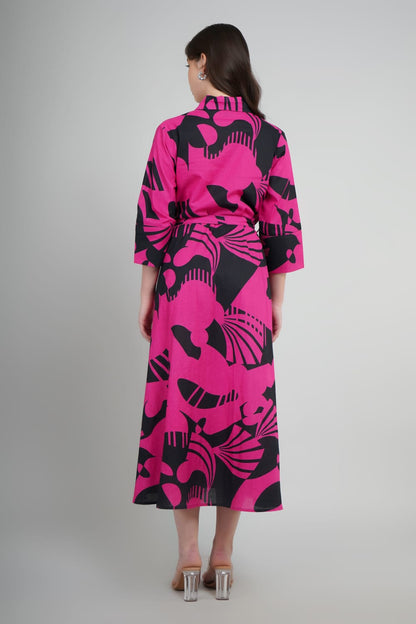 Shirt Dress Pink And black Abstract Printed For Women