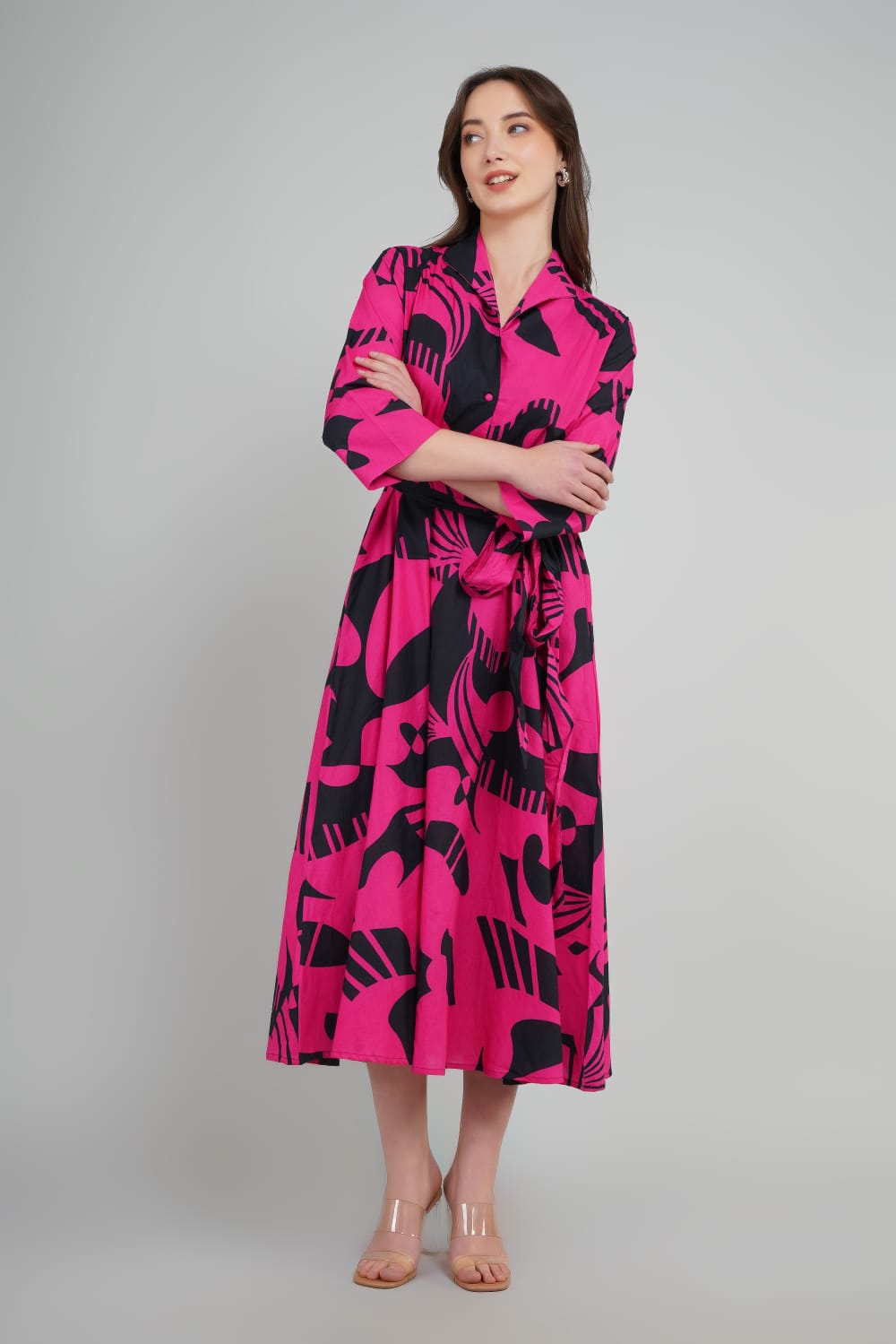 Shirt Dress Pink And black Abstract Printed For Women