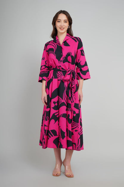 Shirt Dress Pink And black Abstract Printed For Women