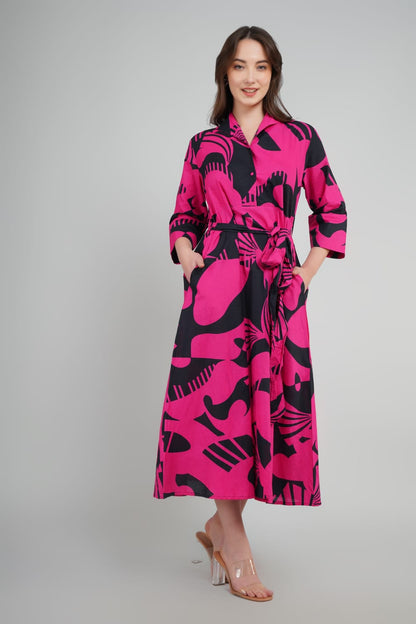 Shirt Dress Pink And black Abstract Printed For Women