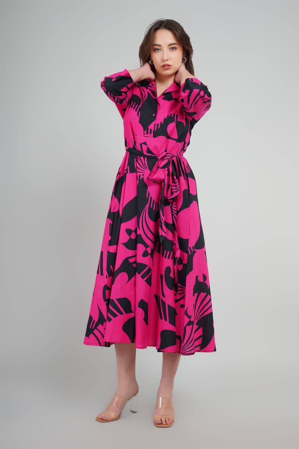 Shirt Dress Pink And black Abstract Printed For Women