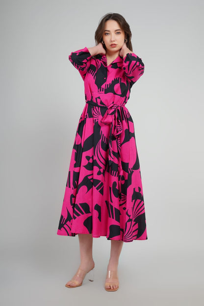 Shirt Dress Pink And black Abstract Printed For Women
