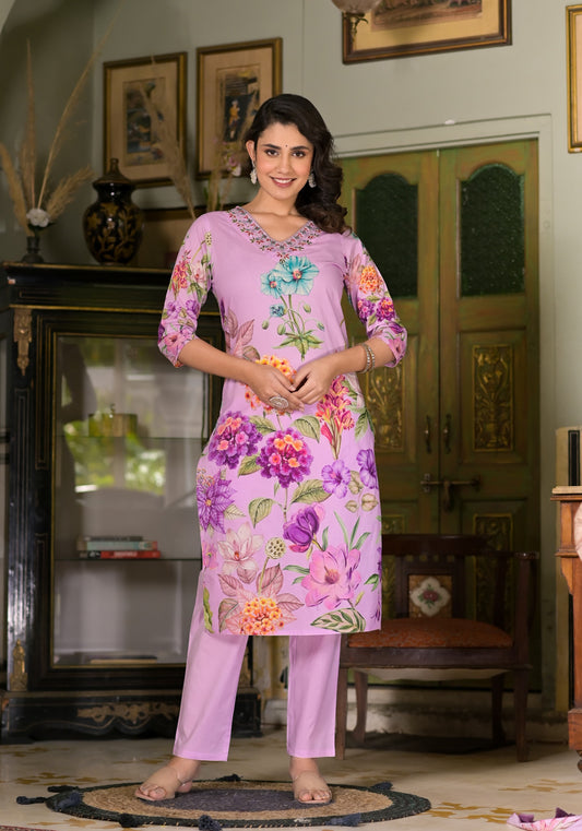 Cotton suit Lavender Bloom  Kurta Set – Graceful Florals by Mulson