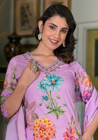 Cotton suit Lavender Bloom  Kurta Set – Graceful Florals by Mulson