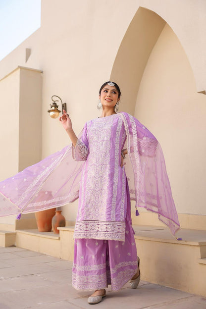 Chicken kari suit Mulson Mustard Yellow Embroidered Sharara Set