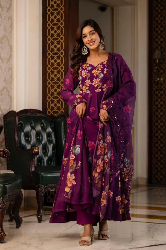 Cotton Anarkali floral Kurta Set with Dupatta