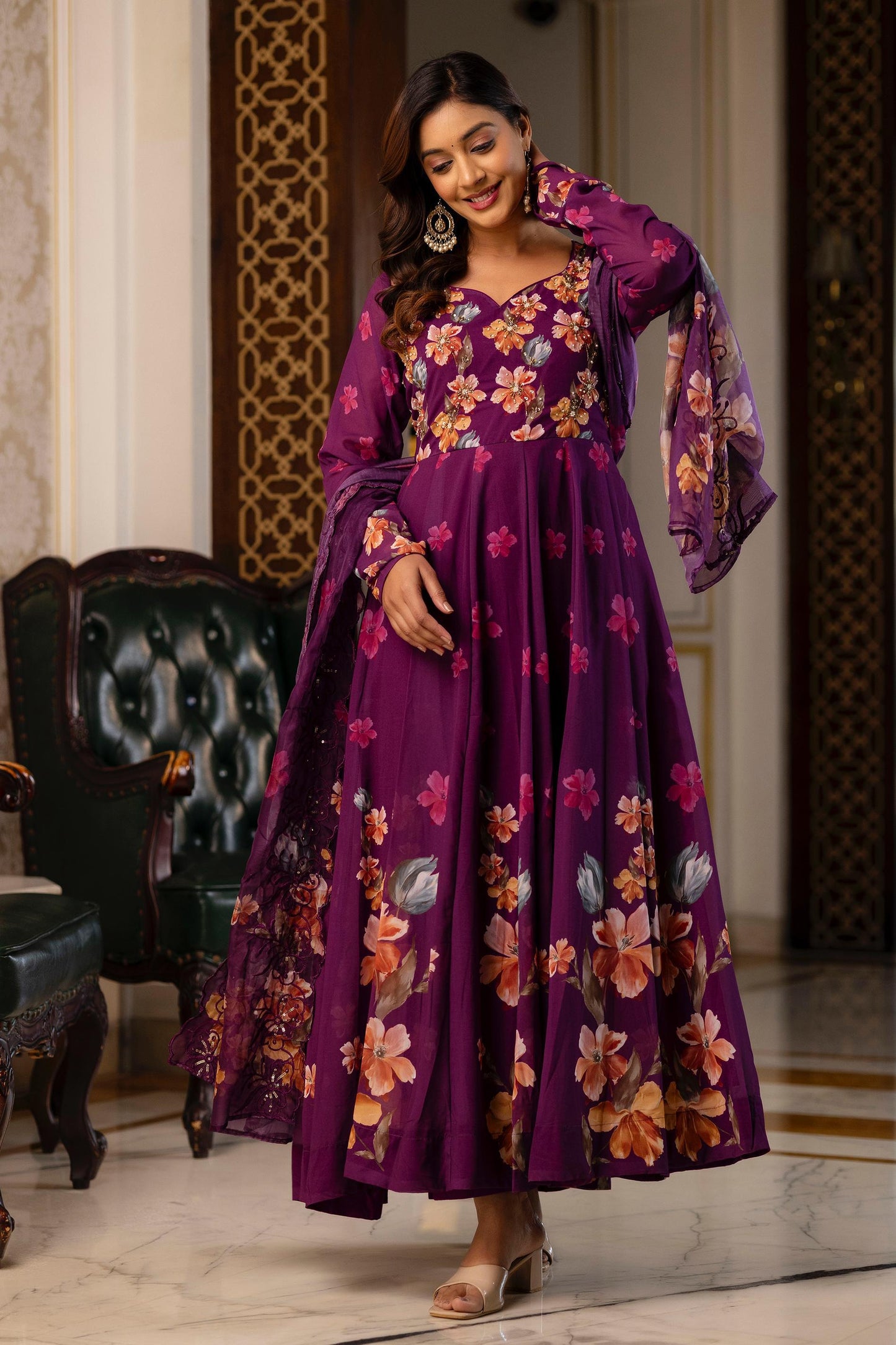 Cotton Anarkali floral Kurta Set with Dupatta