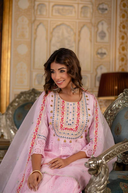 Pink Anarkali  Kurta Set Embroidered with Sheer Dupatta