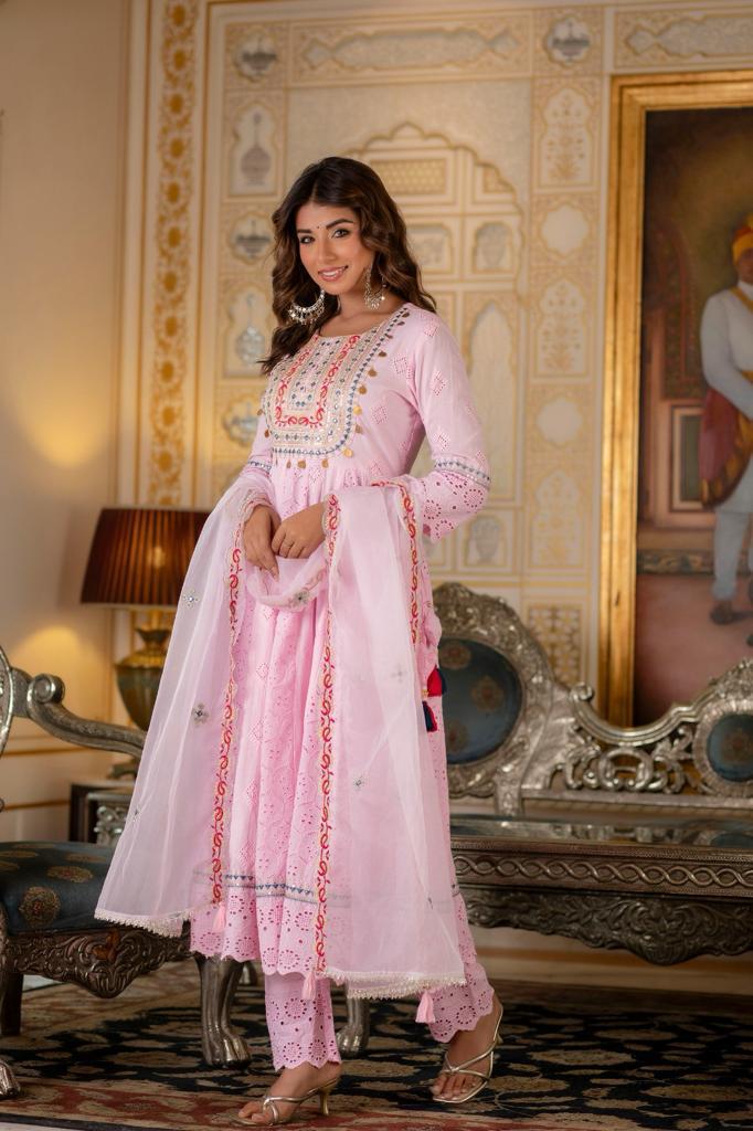 Pink Anarkali  Kurta Set Embroidered with Sheer Dupatta