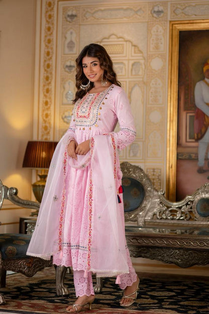 Pink Anarkali  Kurta Set Embroidered with Sheer Dupatta