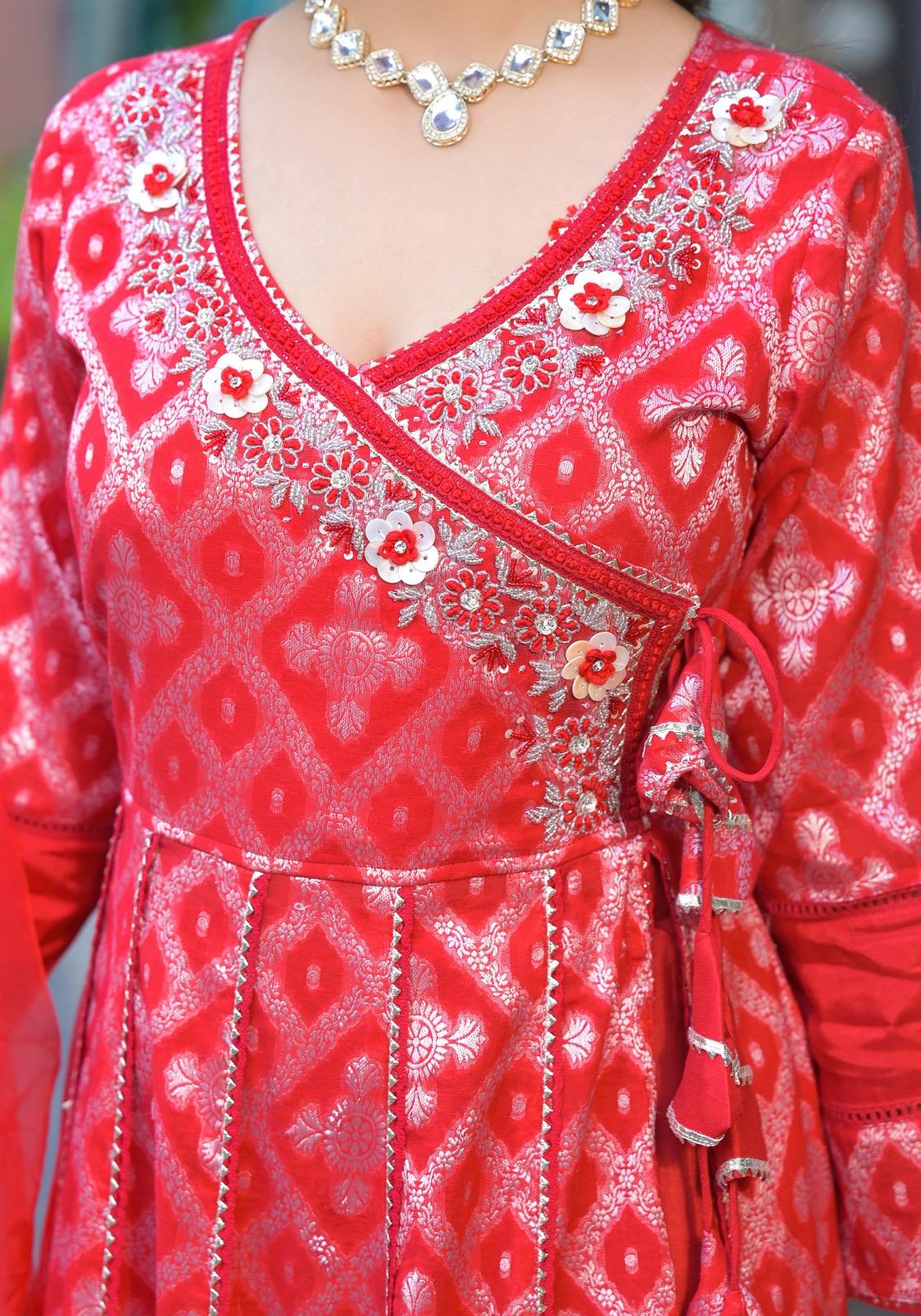 Red Ankarakali suit with Embroidered dupatta