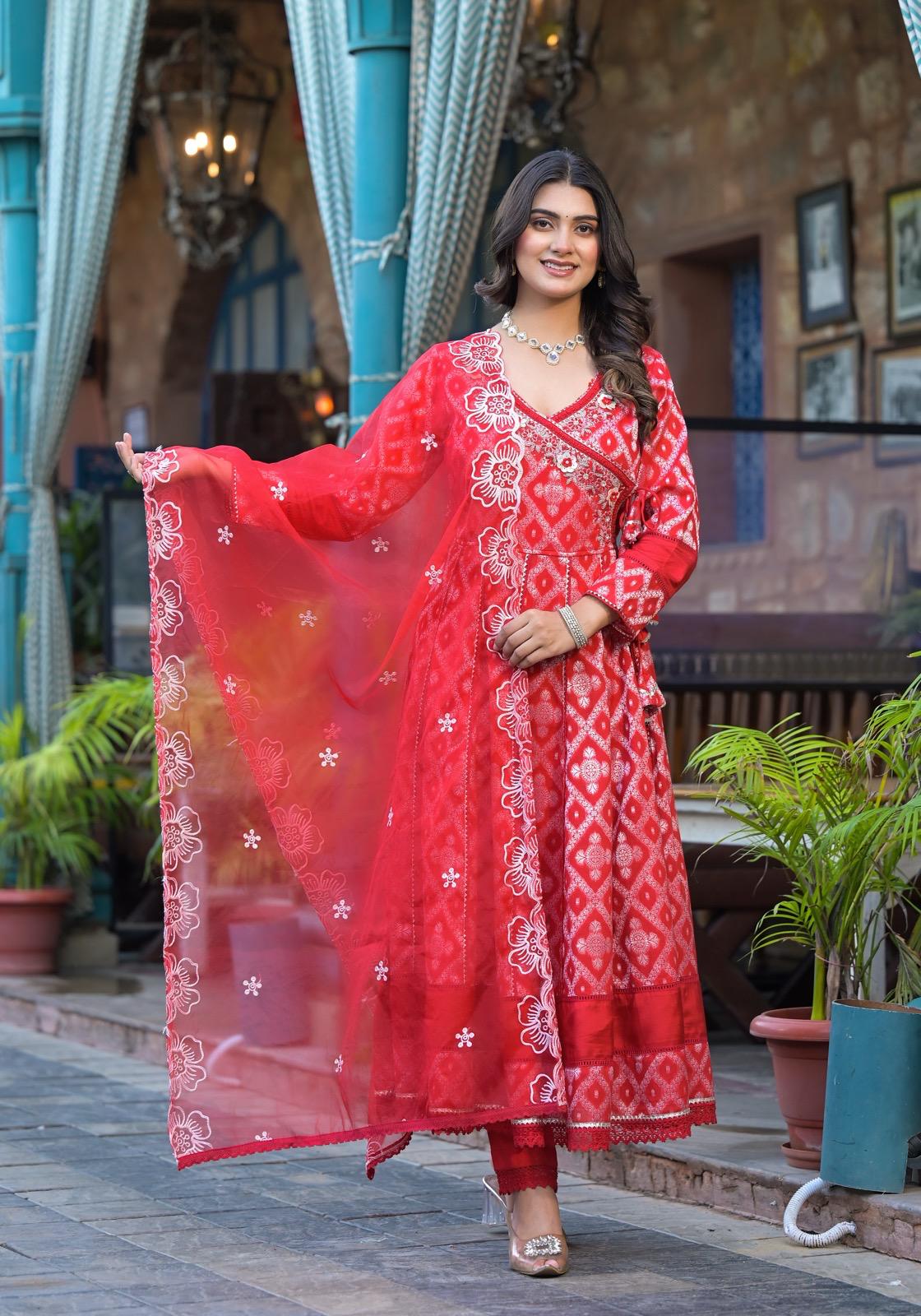 Red Ankarakali suit with Embroidered dupatta