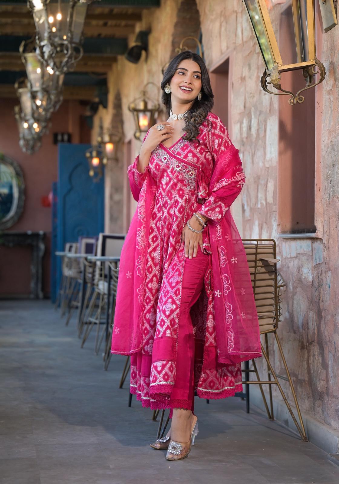 Red Ankarakali suit with Embroidered dupatta