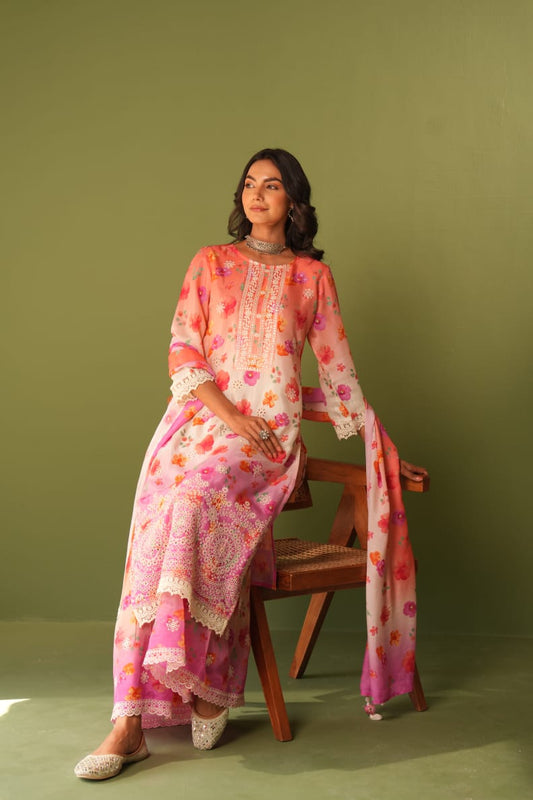 Mulson cotton sharara Peach & Pink Floral Printed Suit Set with Palazzo & Dupatta