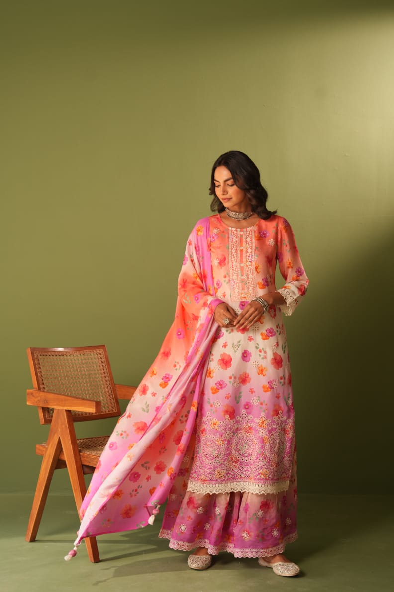 Mulson cotton sharara Peach & Pink Floral Printed Suit Set with Palazzo & Dupatta