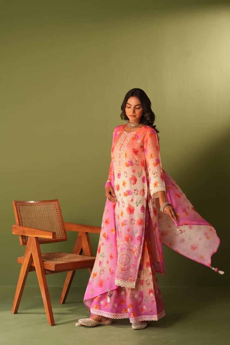 Mulson cotton sharara Peach & Pink Floral Printed Suit Set with Palazzo & Dupatta