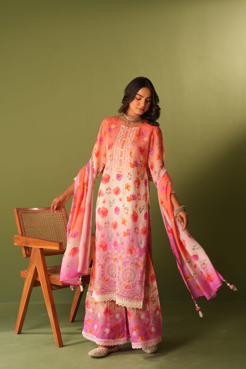 Mulson cotton sharara Peach & Pink Floral Printed Suit Set with Palazzo & Dupatta
