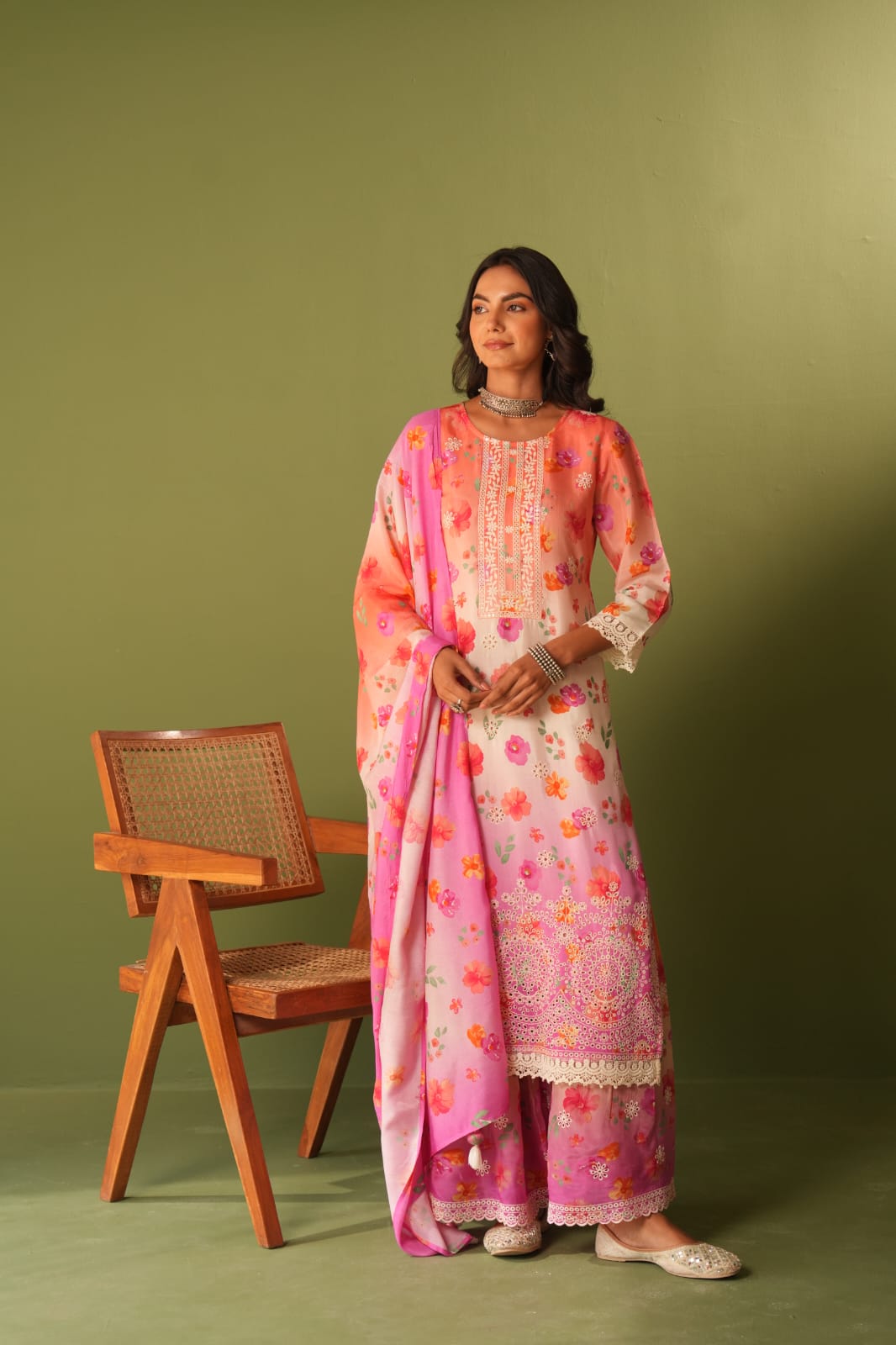 Mulson cotton sharara Peach & Pink Floral Printed Suit Set with Palazzo & Dupatta