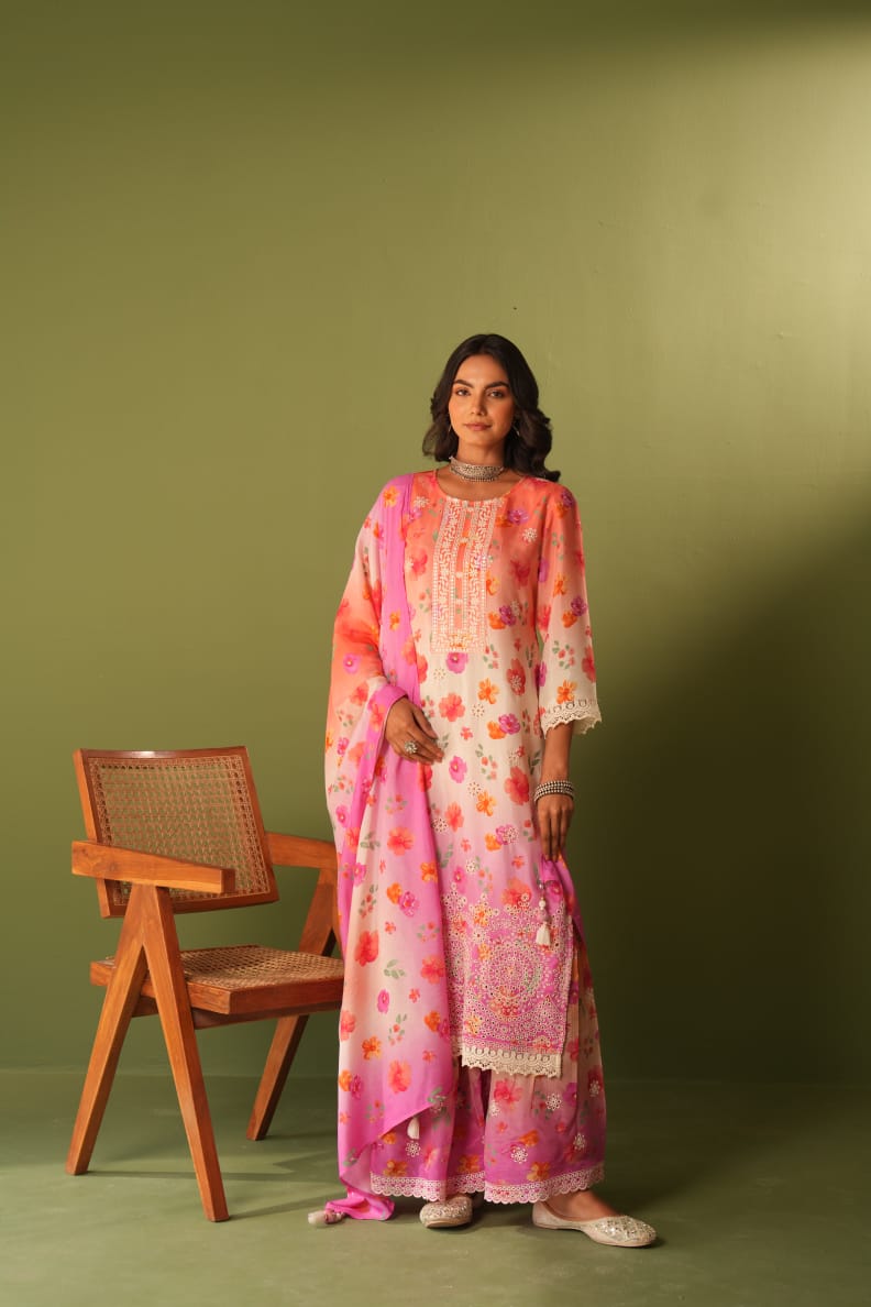 Mulson cotton sharara Peach & Pink Floral Printed Suit Set with Palazzo & Dupatta
