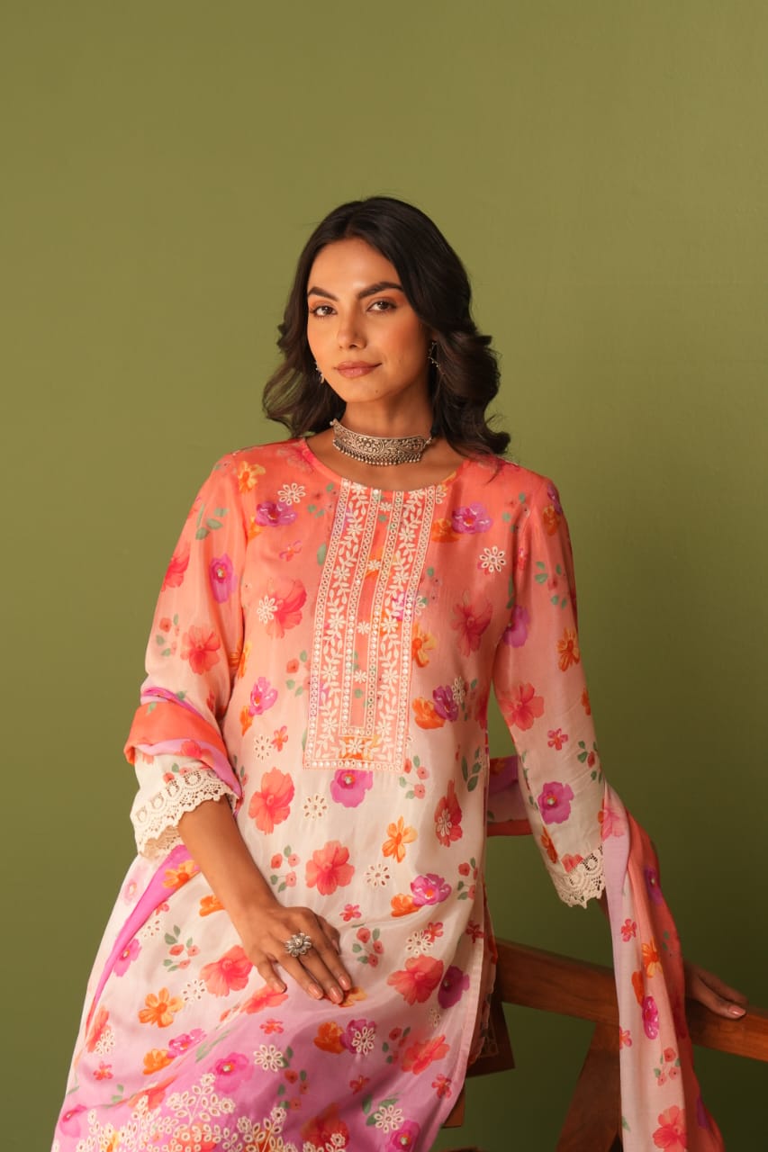 Mulson cotton sharara Peach & Pink Floral Printed Suit Set with Palazzo & Dupatta