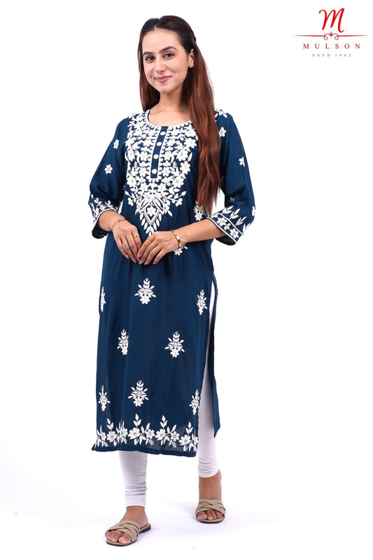 Mulson cotton chikankari suit set Mulson Navy Blue Floral Embroidered Cotton Kurta