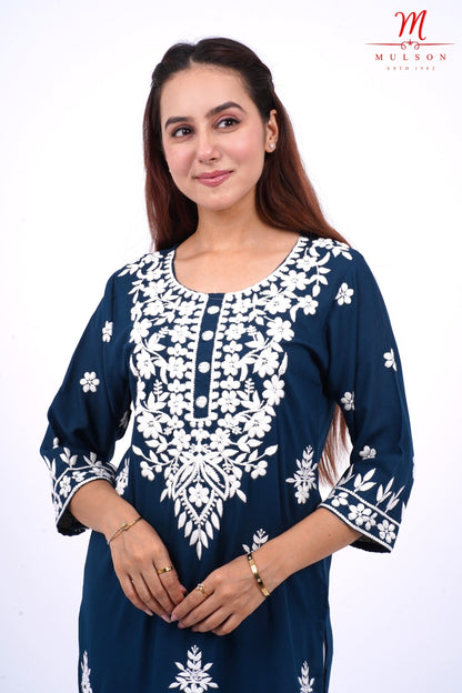Mulson cotton chikankari suit set Mulson Navy Blue Floral Embroidered Cotton Kurta