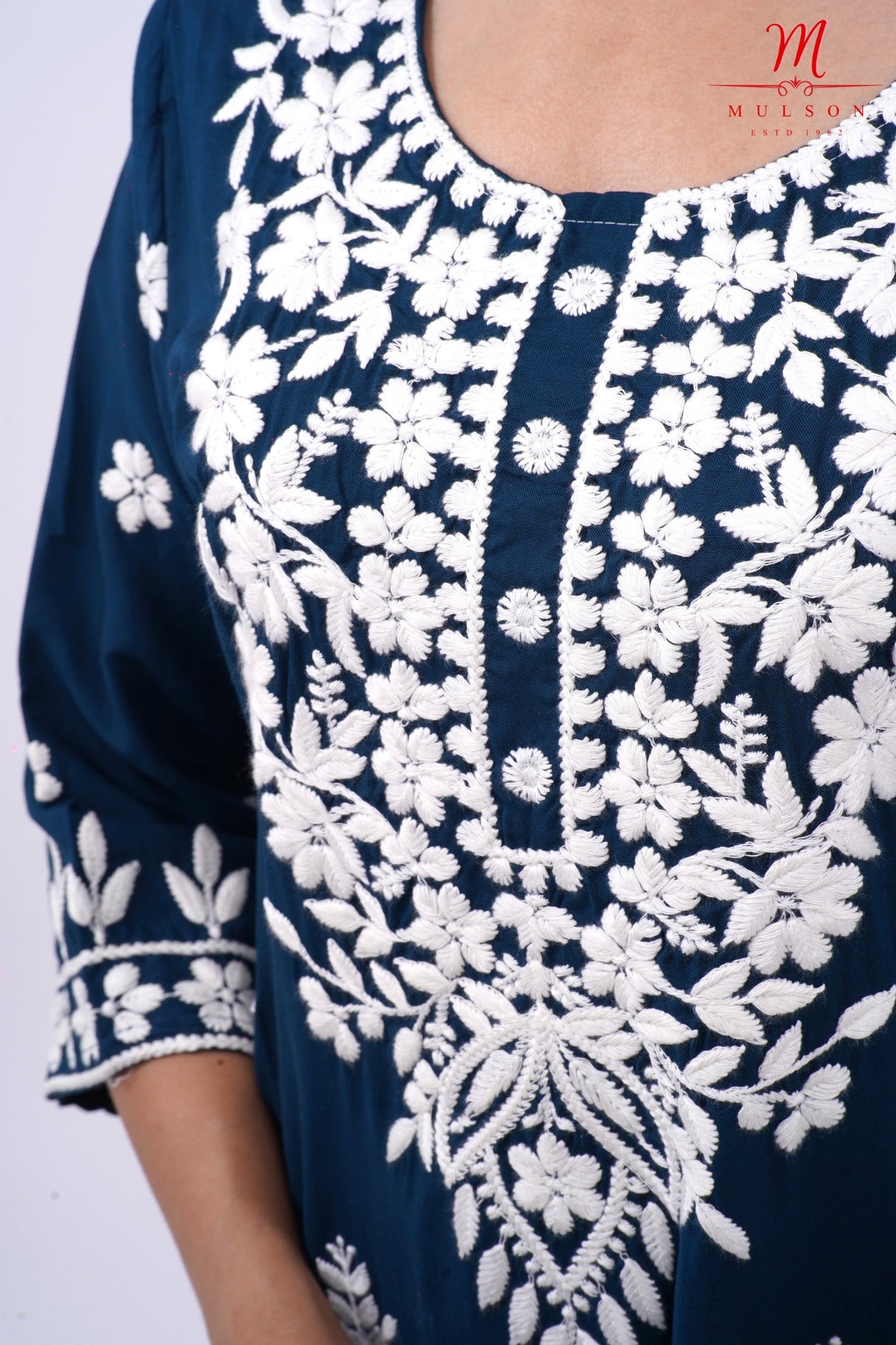 Mulson cotton chikankari suit set Mulson Navy Blue Floral Embroidered Cotton Kurta