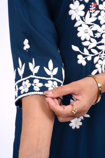 Mulson cotton chikankari suit set Mulson Navy Blue Floral Embroidered Cotton Kurta