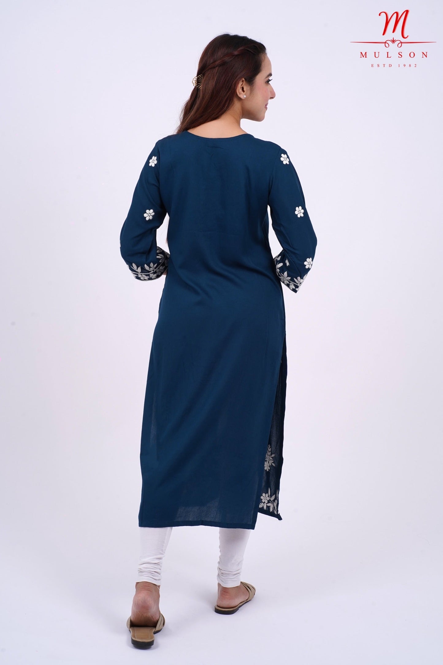 Mulson cotton chikankari suit set Mulson Navy Blue Floral Embroidered Cotton Kurta