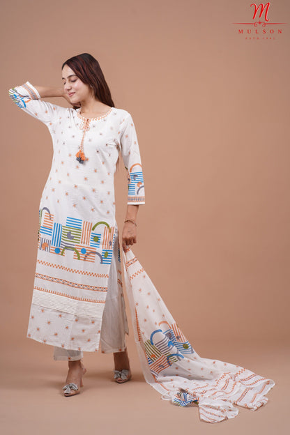 Geometric Printed Cotton Straight Kurta Set with Dupatta mulson