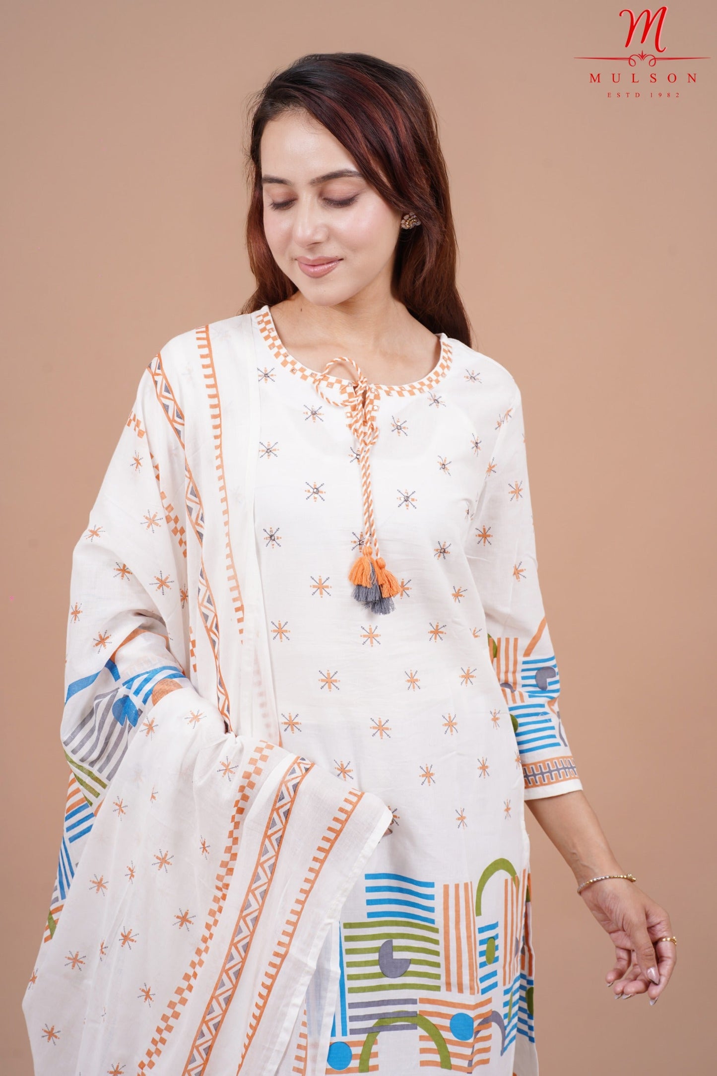 Geometric Printed Cotton Straight Kurta Set with Dupatta mulson