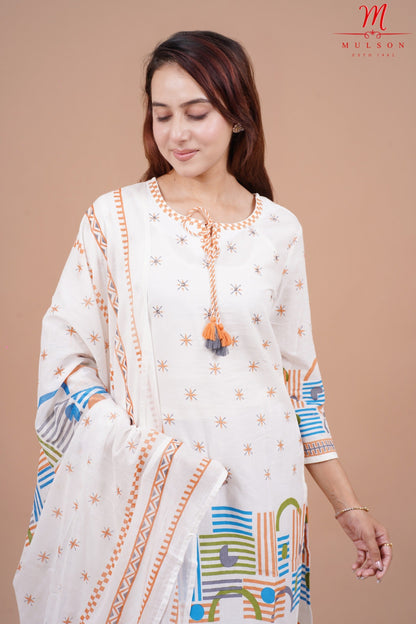 Geometric Printed Cotton Straight Kurta Set with Dupatta mulson