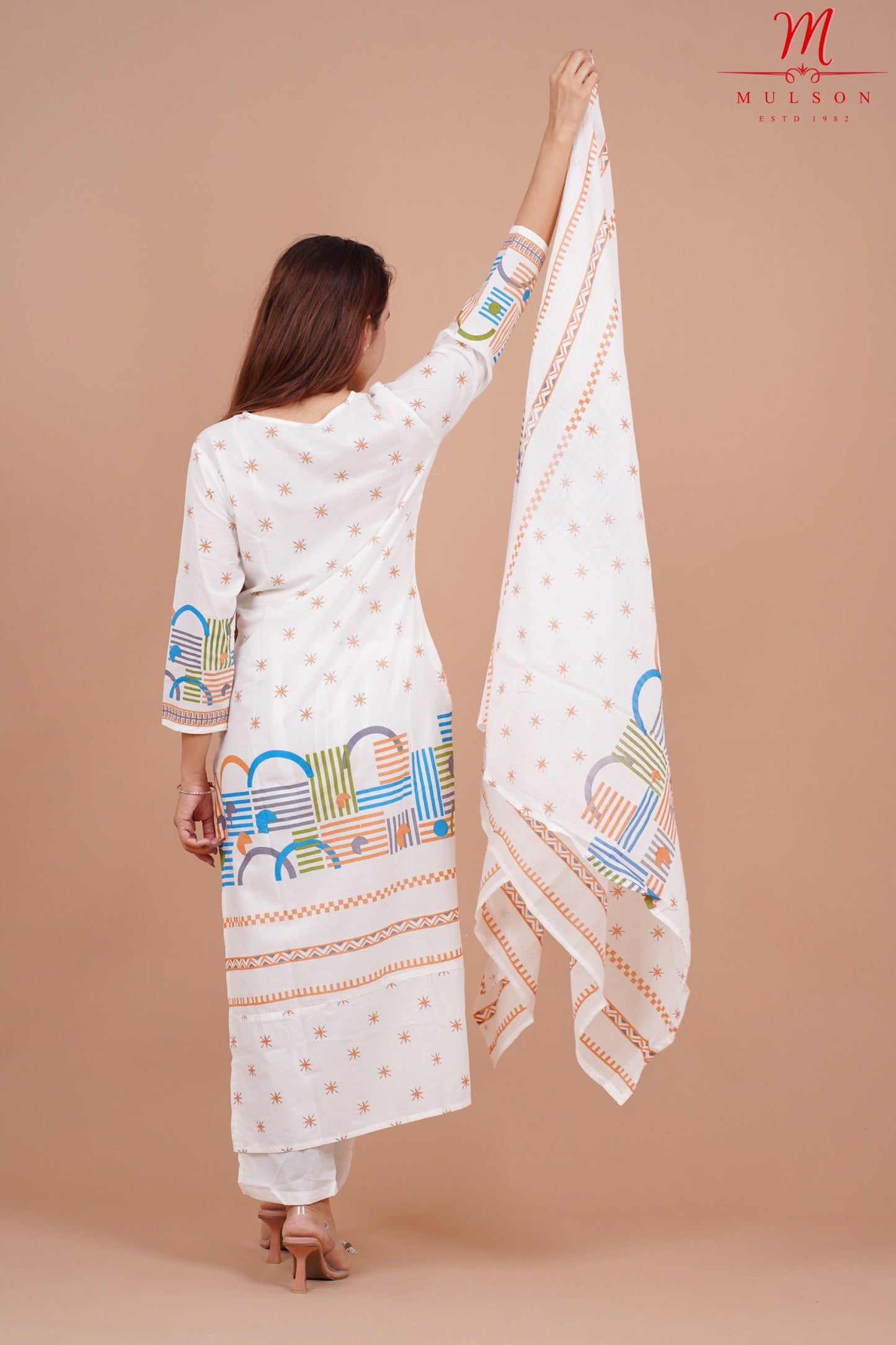 Geometric Printed Cotton Straight Kurta Set with Dupatta mulson