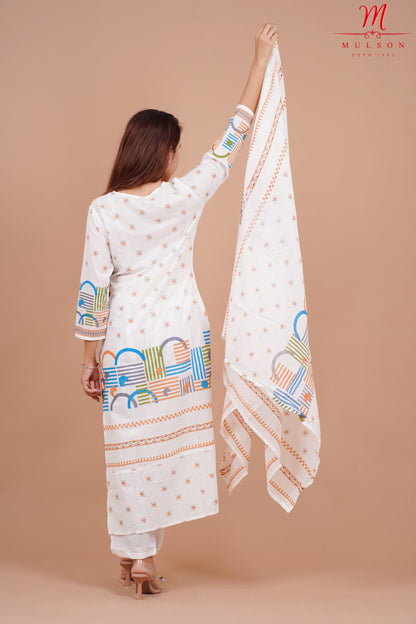 Geometric Printed Cotton Straight Kurta Set with Dupatta mulson