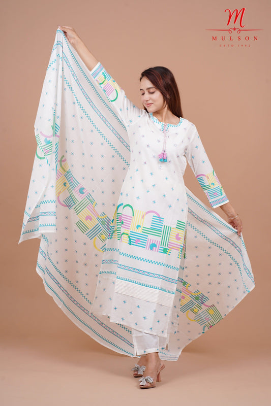Geometric Printed Cotton Straight Kurta Set with Dupatta mulson