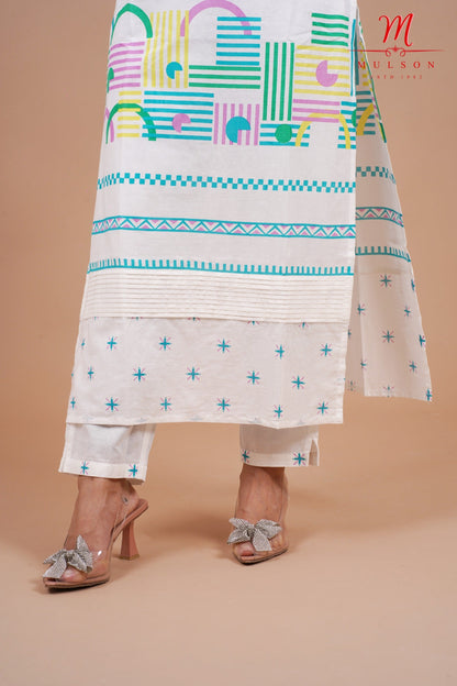 Geometric Printed Cotton Straight Kurta Set with Dupatta mulson